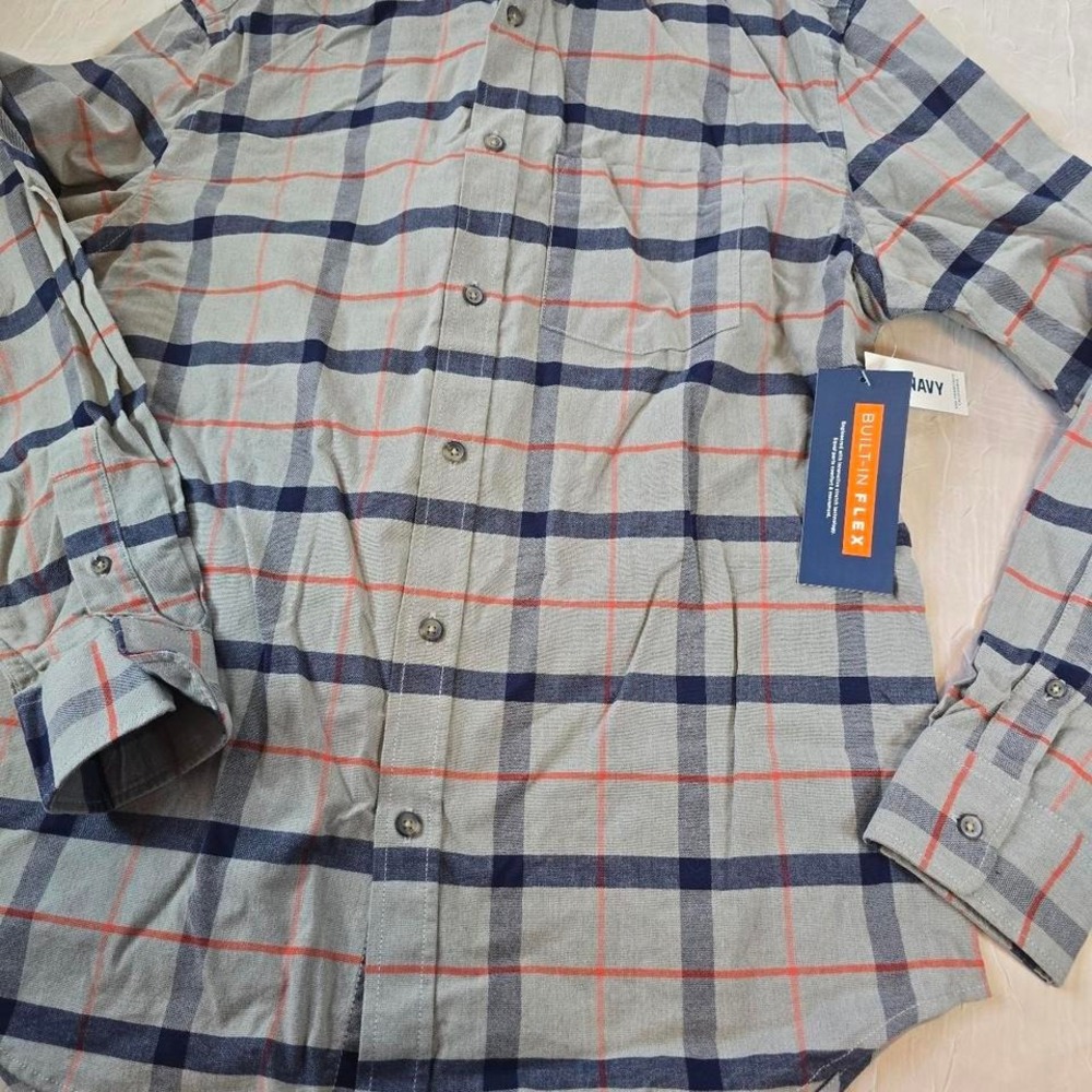 Old Navy Mens Slim Fit Oxford Shirt Built-In Flex Plaid Grey Navy Orange Medium
